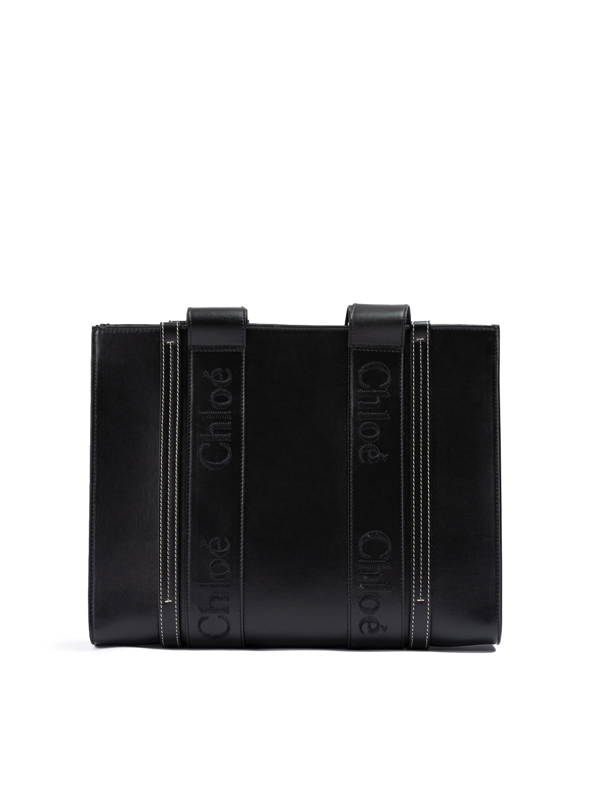 Chloé Black Woody Embroidered Logo Leather Medium Tote Bag