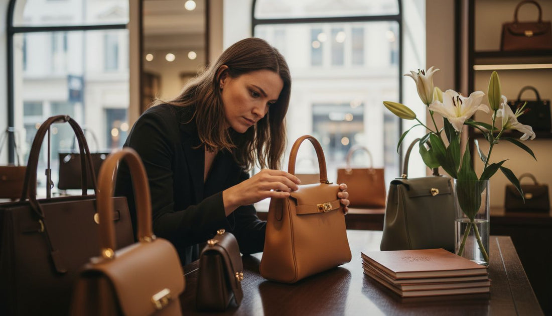 Woman inspecting luxury handbag stitching in boutique