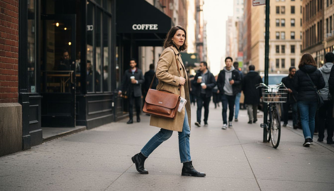 Woman carrying leather satchel on city sidewalk
