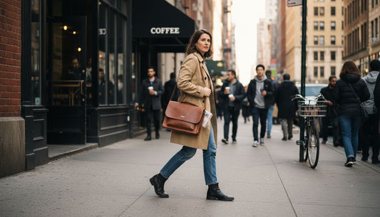 Woman carrying leather satchel on city sidewalk