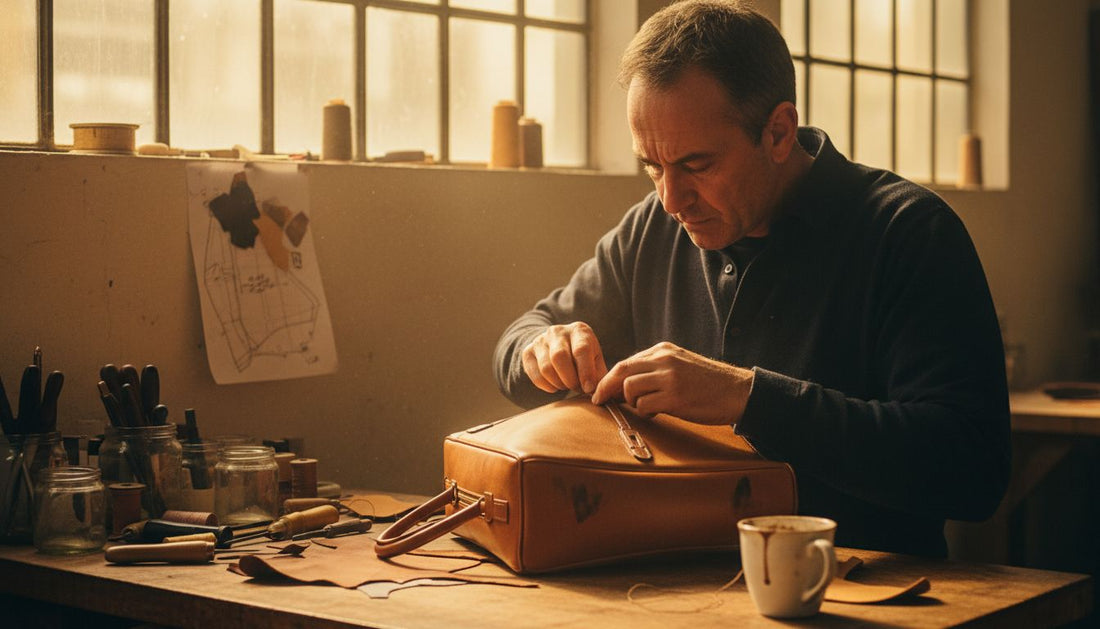 Artisan hand-stitching luxury handbag in atelier