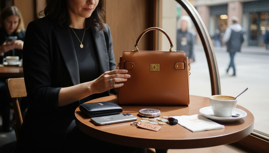Woman organizing items in stylish handbag