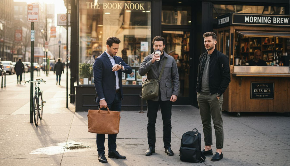 Men with briefcase, messenger, and backpack on city sidewalk