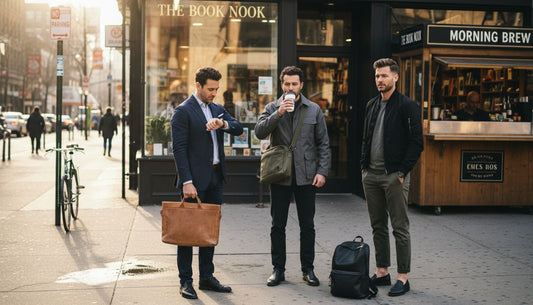 Men with briefcase, messenger, and backpack on city sidewalk