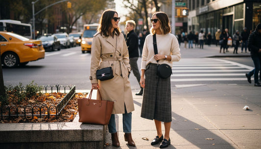 Women with various handbags on city sidewalk