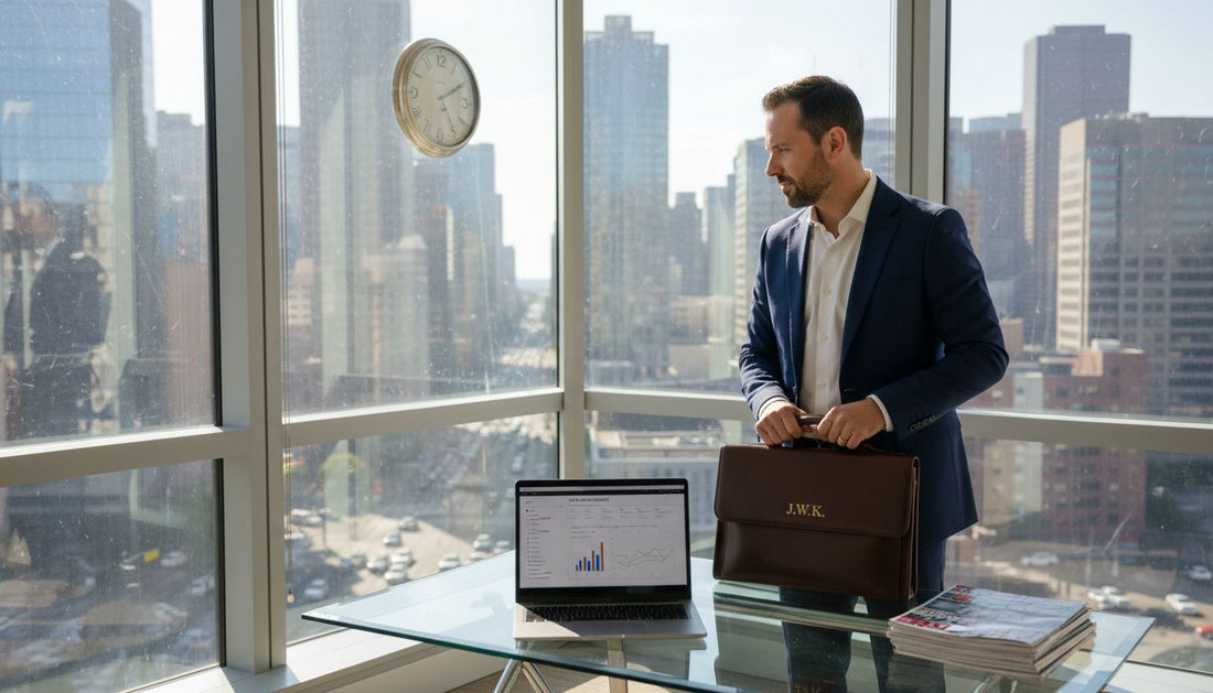 Businessman placing luxury bag on glass desk