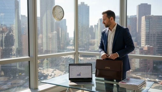 Businessman placing luxury bag on glass desk