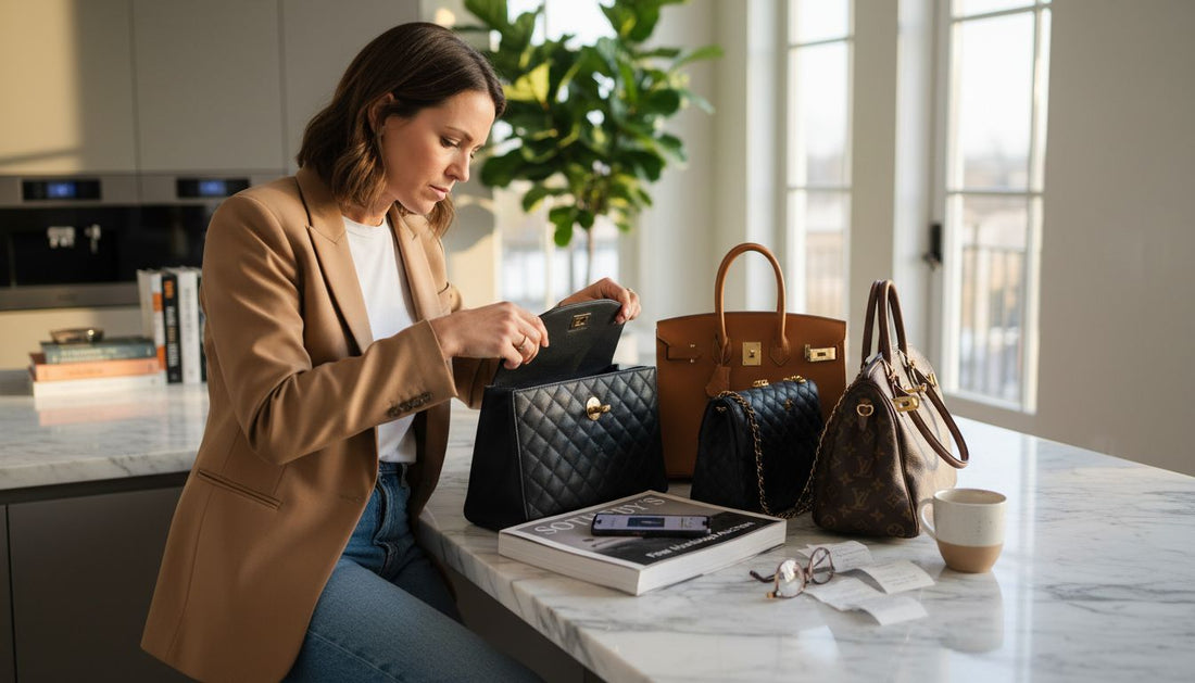 Woman assessing designer handbags on kitchen island