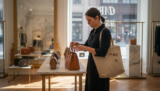 Woman examining luxury handbag in boutique