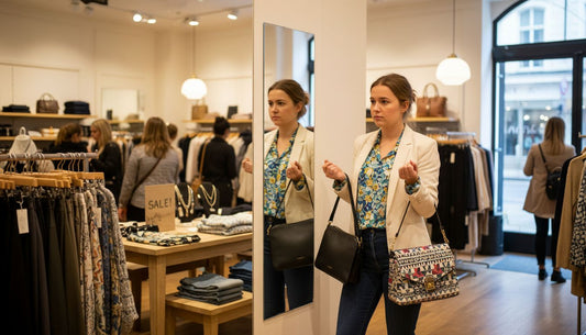 Woman deciding between two handbags