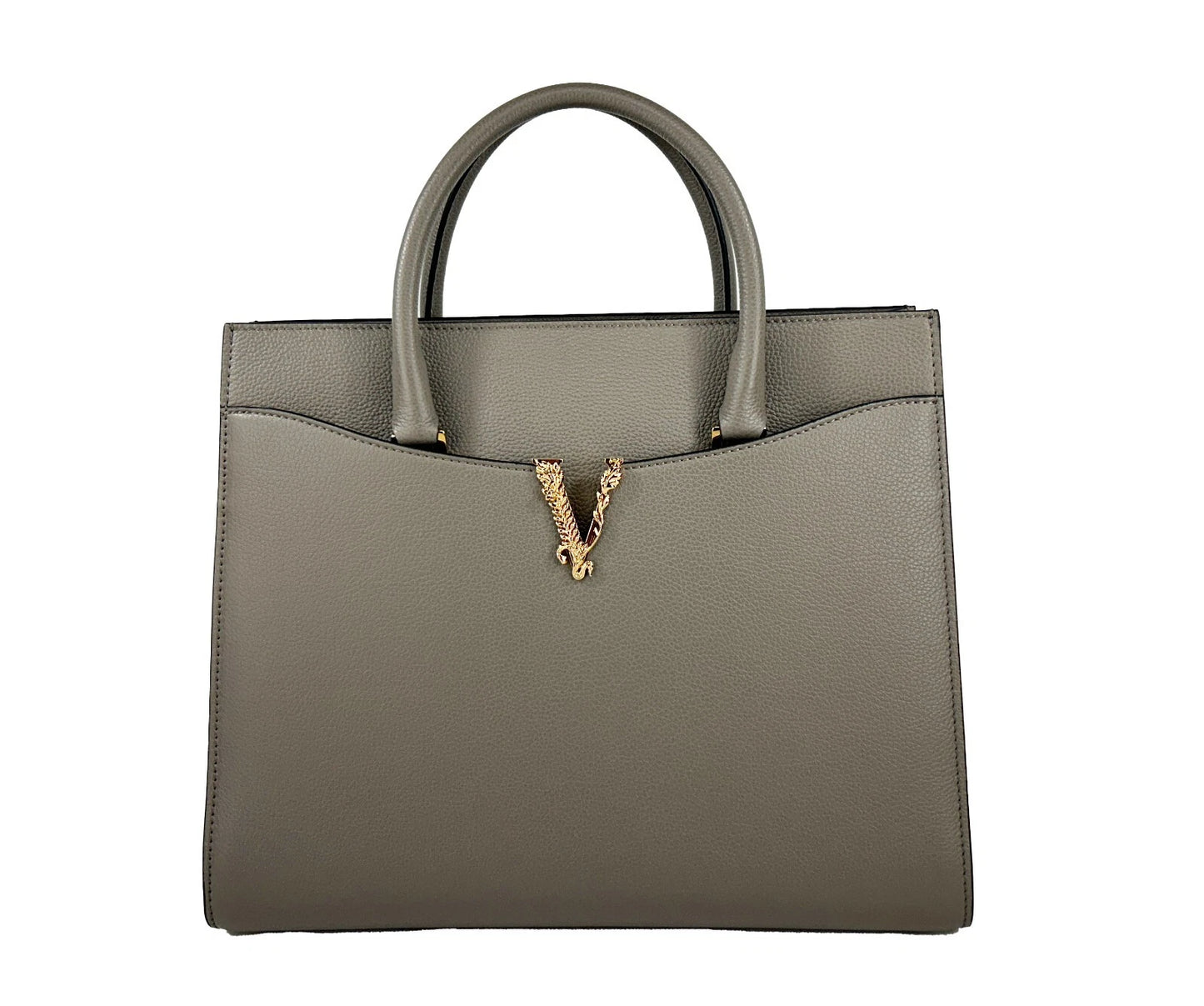 Versace Virtus Large Leather Top Handle Satchel Bag Tote Gray