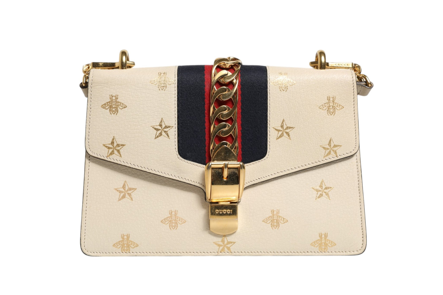Gucci Cream Leather with a Bee and Star Print Leather Sylvie Crossbody Bag